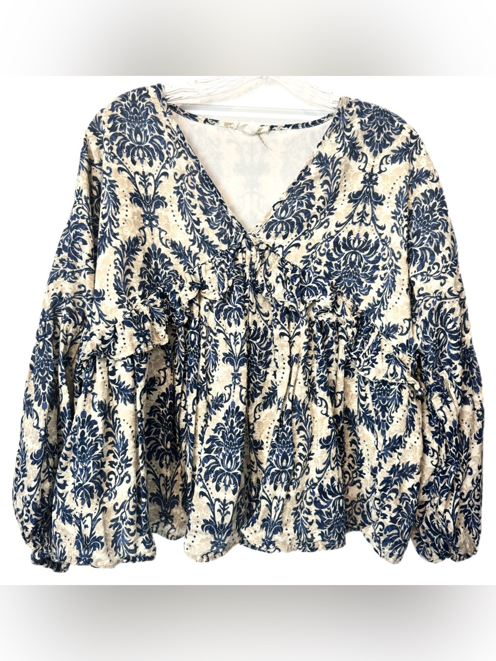 Entro Blue Cream Damask Print Ruffle Blouse Balloon Sleeve Peplum Top Size S